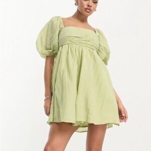 Abercrombie & Fitch Emerson Poplin Puff Sleeve Dress Green Petite